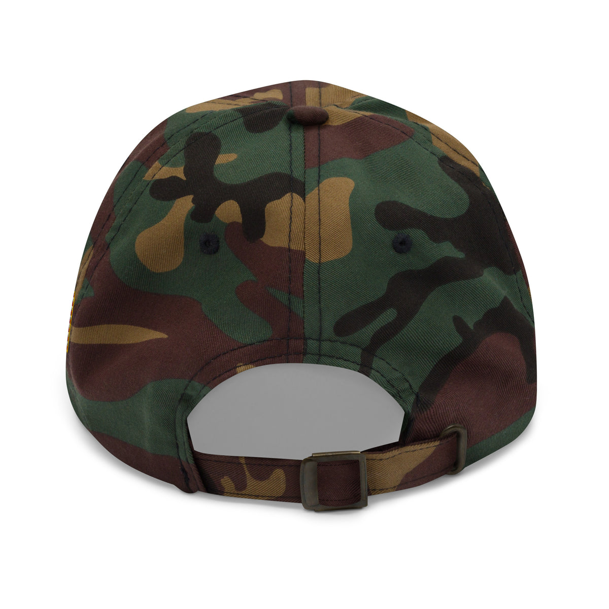 Green Camo dad hat with embroidered INFIDEL War Pig design, back view