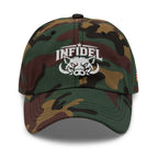 Green Camo dad hat with embroidered INFIDEL War Pig design, front view