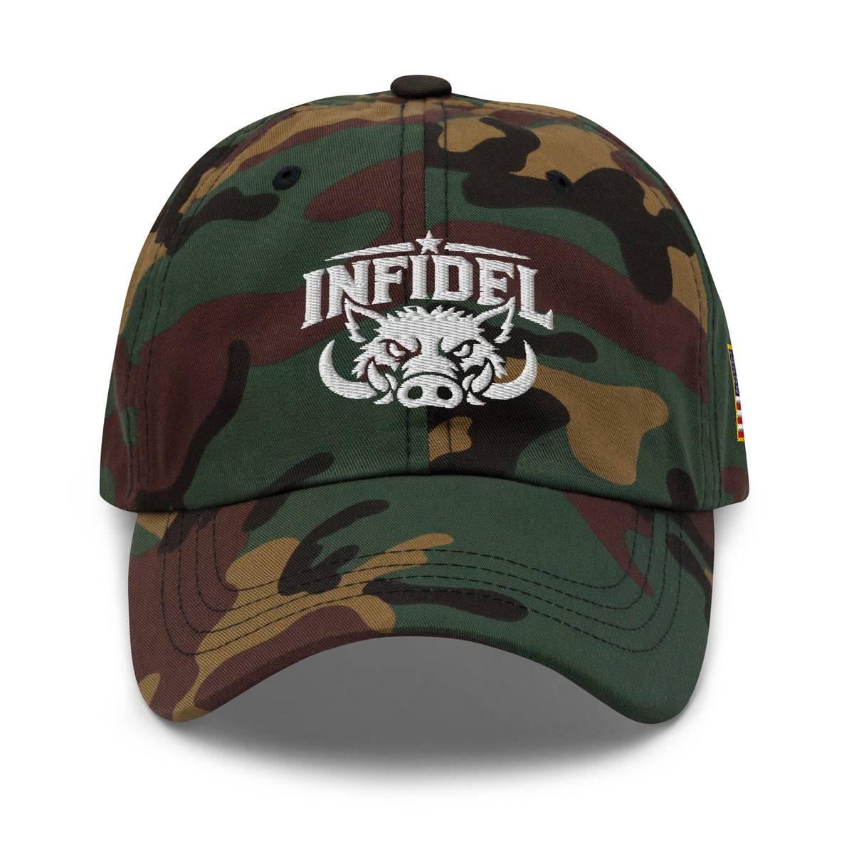 Green Camo dad hat with embroidered INFIDEL War Pig design, front view