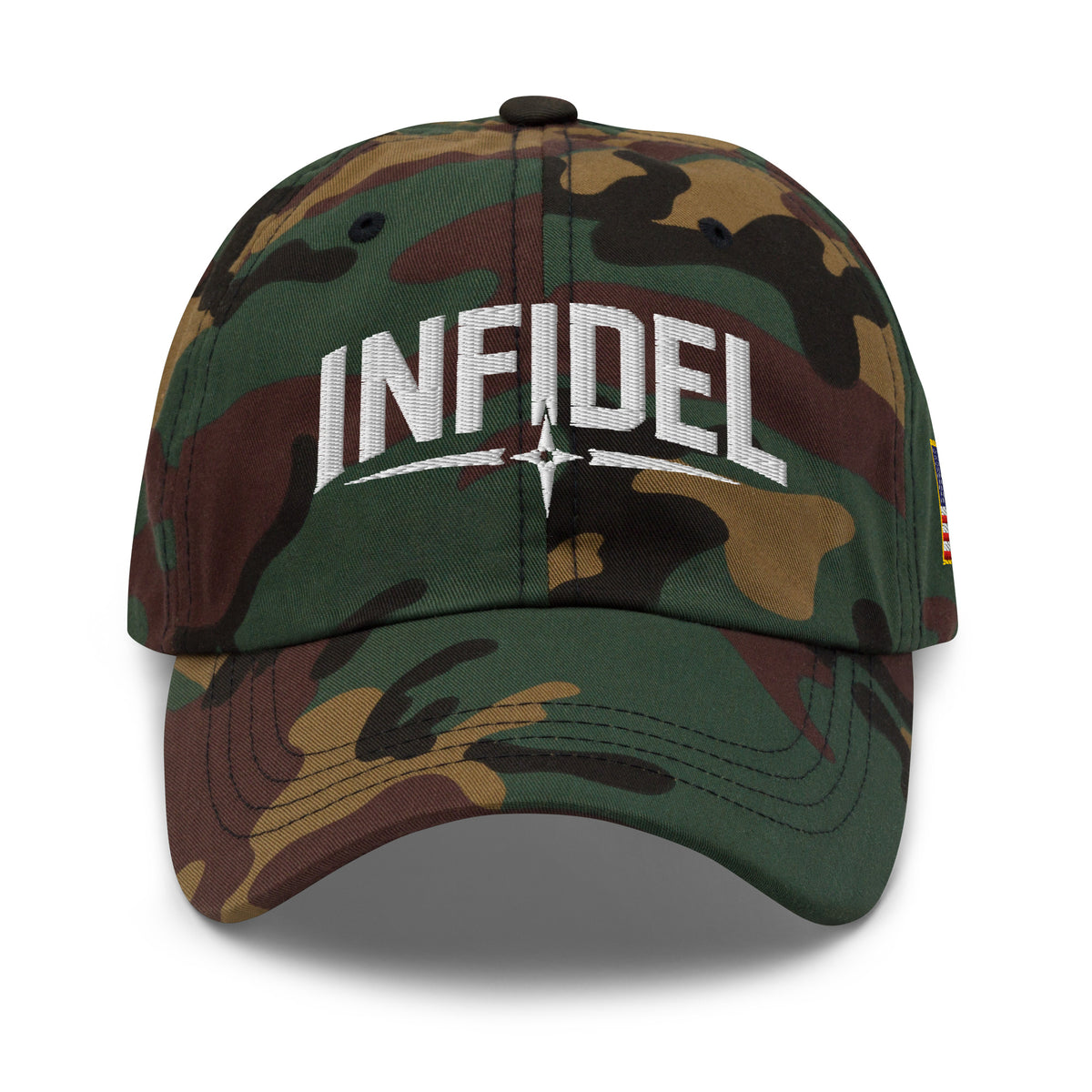 Green Camo dad hat with embroidered Infidel Spike design, front view