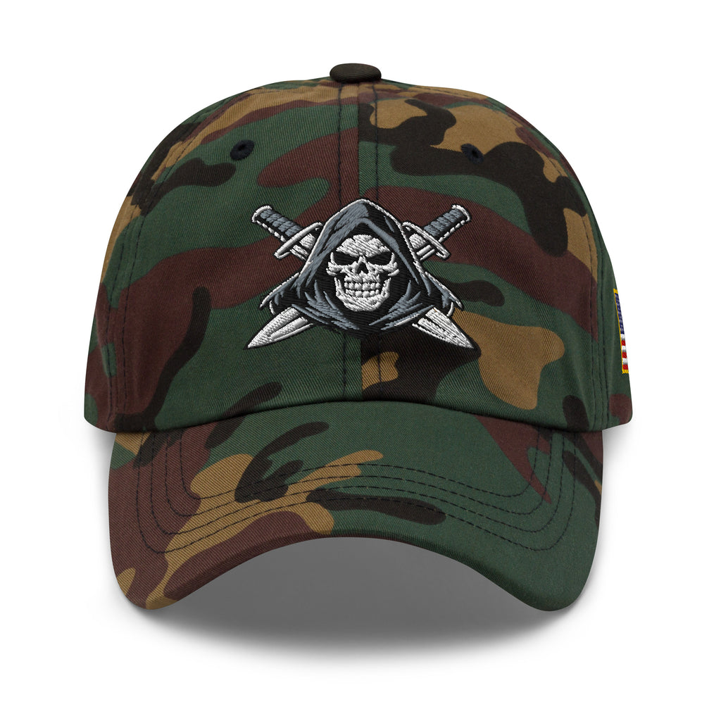 Green Camo dad hat with embroidered Only Fear Infidel reaper design, front view