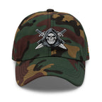 Green Camo dad hat with embroidered Only Fear Infidel reaper design, front view