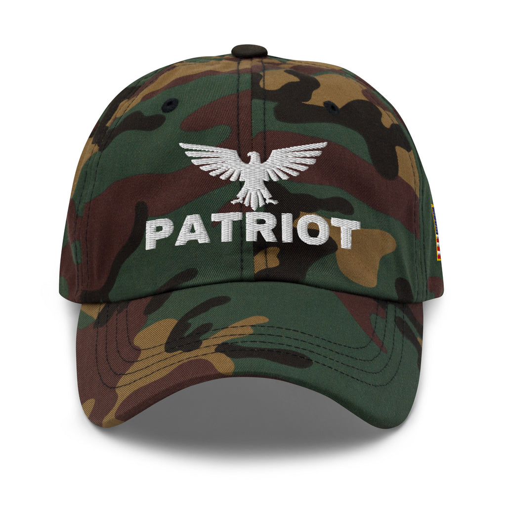 Green Camo dad hat with embroidered Patriot Eagle design, front view