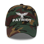 Green Camo dad hat with embroidered Patriot Eagle design, front view