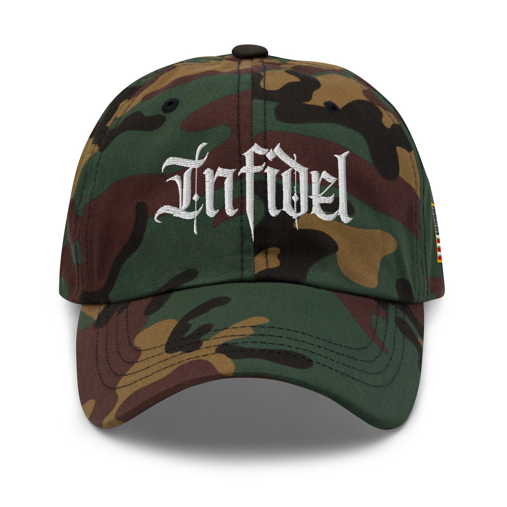 Green Camo dad hat with embroidered Infidel Script design, front view