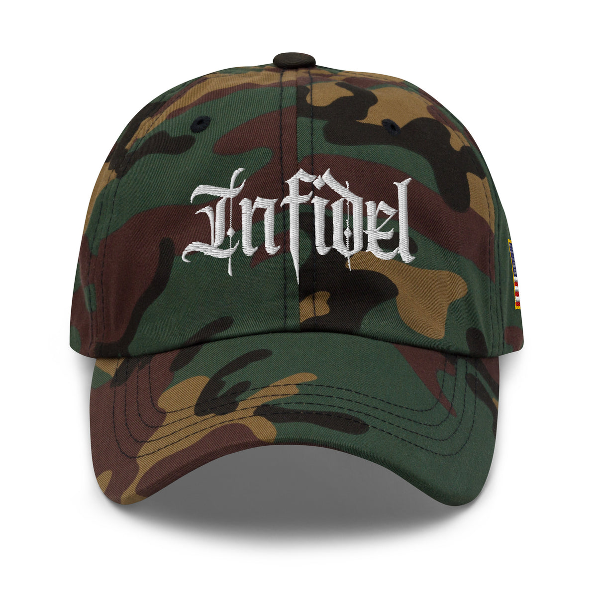 Green Camo dad hat with embroidered Infidel Script design, front view