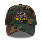 Green Camo low-profile dad hat with embroidered INFIDEL USA Flag Cobra front design, front view