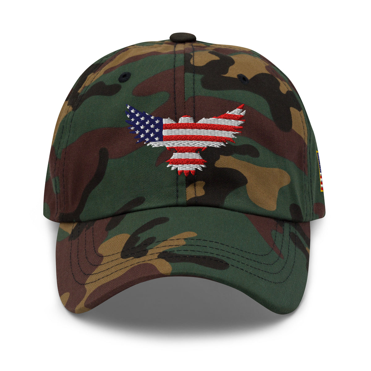 Green Camo low-profile dad hat with embroidered Old Glory Eagle front design, front view
