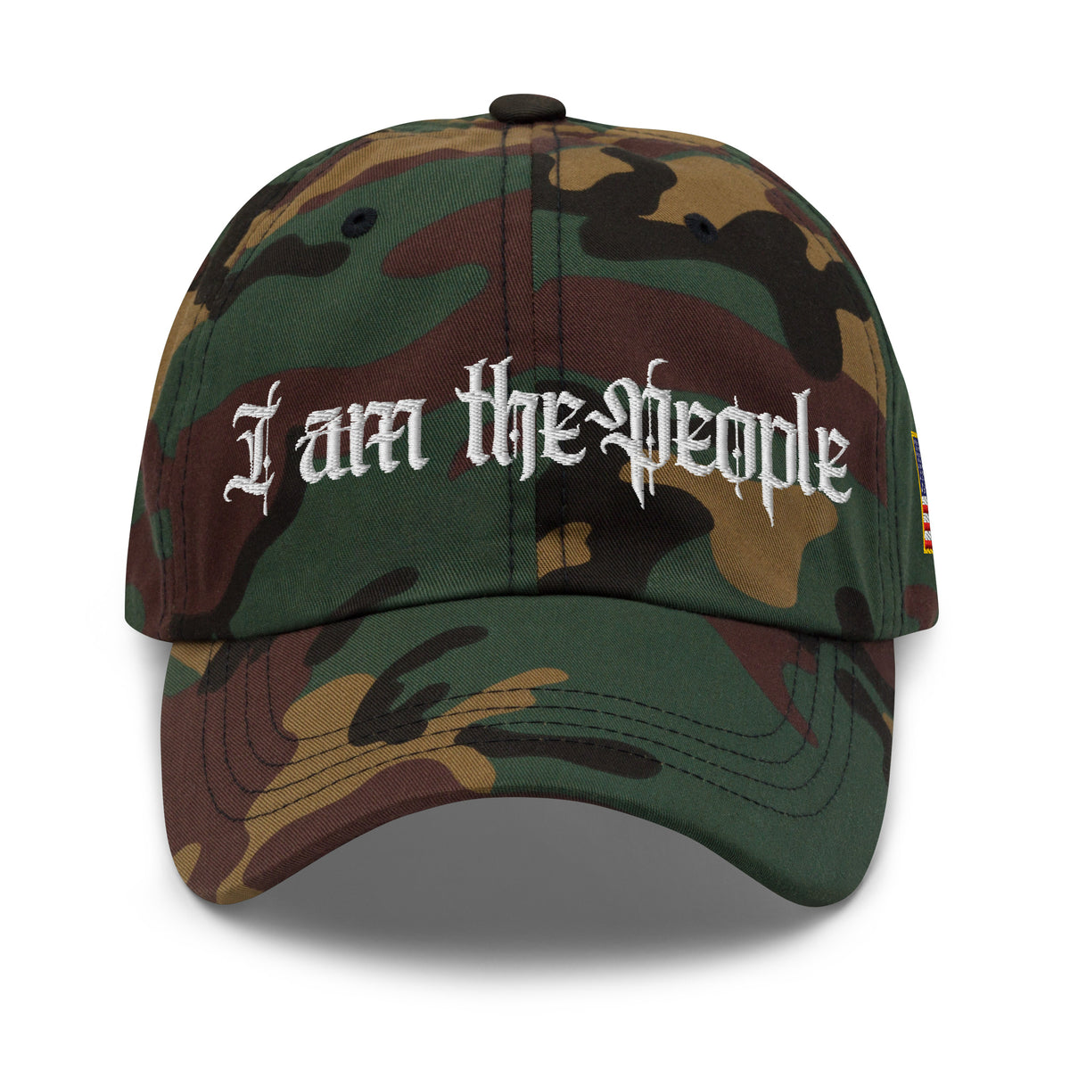Green Camo low-profile dad hat with embroidered I Am the People front design, front view