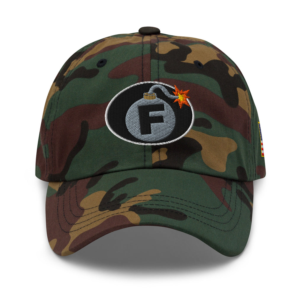 Green Camo low-profile dad hat with embroidered F-Bomb front design, front view