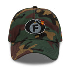 Green Camo low-profile dad hat with embroidered F-Bomb front design, front view