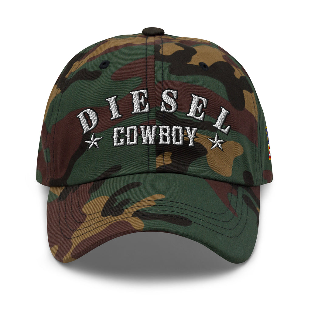 Green Camo low-profile dad hat with embroidered Diesel Cowboy front design, front view