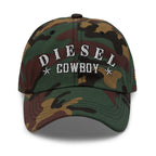 Green Camo low-profile dad hat with embroidered Diesel Cowboy front design, front view