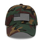 Green Camo dad hat, front view with Black and White American Flag embroidery