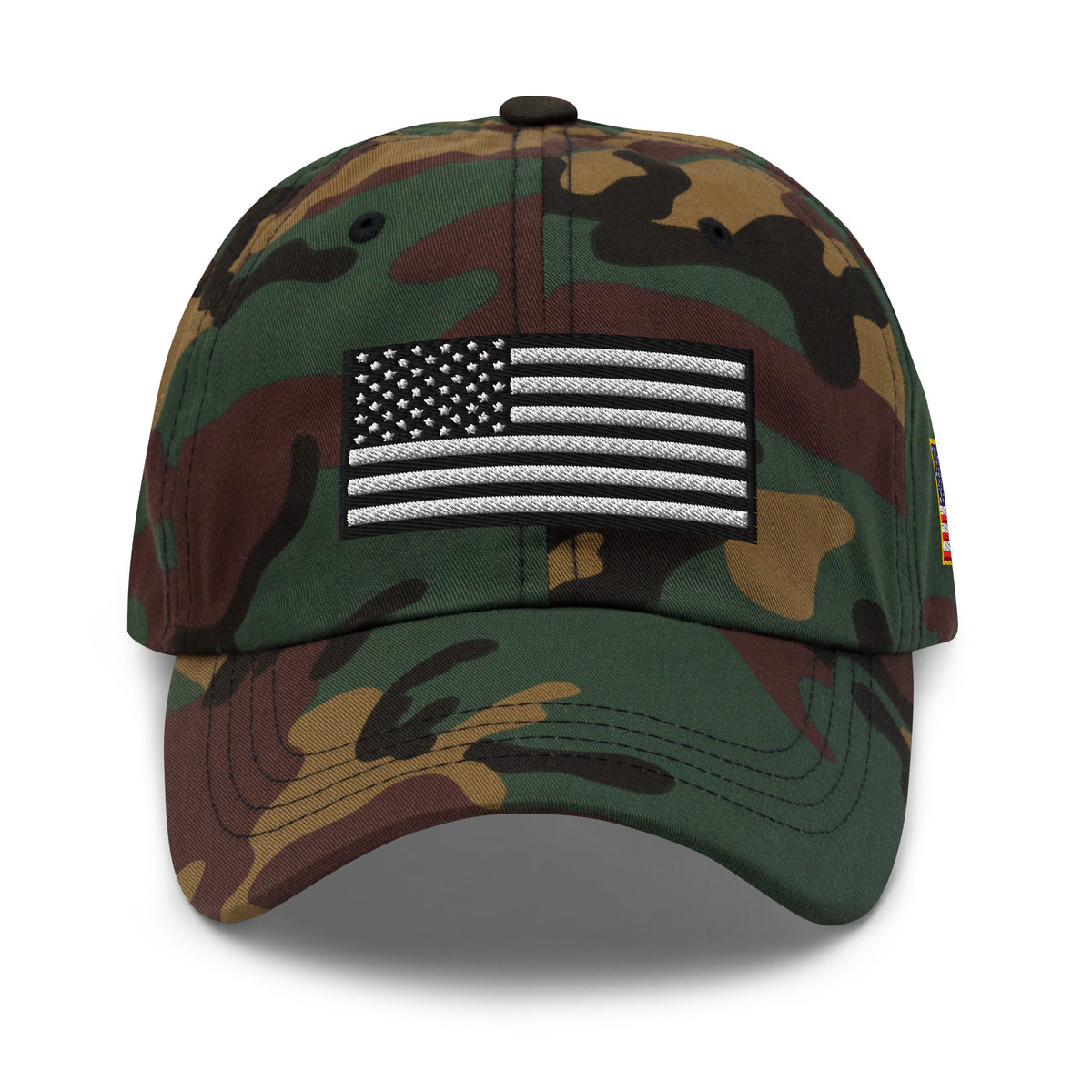 Green Camo dad hat, front view with Black and White American Flag embroidery