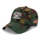 Green Camo dad hat with embroidered INFIDEL War Pig design, left front view