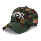 Green Camo dad hat with embroidered Infidel Spike design, left front view