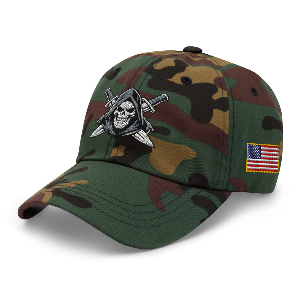 Green Camo dad hat with embroidered Only Fear Infidel reaper design, left front view