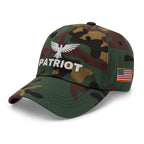 Green Camo dad hat with embroidered Patriot Eagle design, left front view