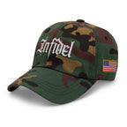 Green Camo dad hat with embroidered Infidel Script design, left front view