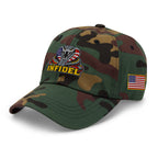 Green Camo low-profile dad hat with embroidered INFIDEL USA Flag Cobra design, left front view