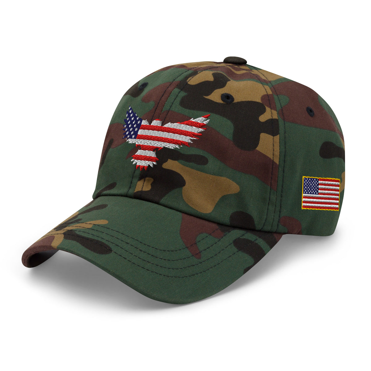 Green Camo low-profile dad hat with embroidered Old Glory Eagle design, left front view