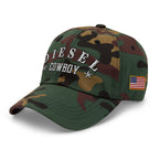 Green Camo low-profile dad hat with embroidered Diesel Cowboy design, left front view