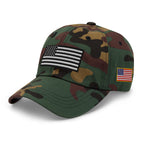 Green Camo dad hat, left front view with Black and White American Flag embroidery