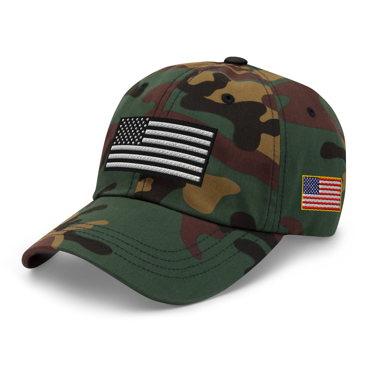 Green Camo dad hat, left front view with Black and White American Flag embroidery