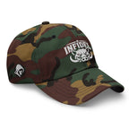 Green Camo dad hat with embroidered INFIDEL War Pig design, right front view