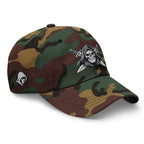 Green Camo dad hat with embroidered Only Fear Infidel reaper design, right front view