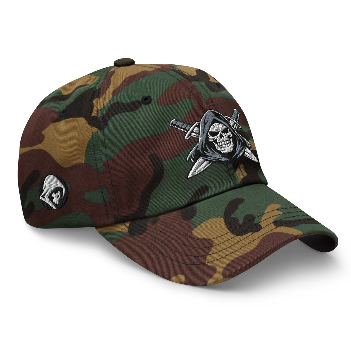 Green Camo dad hat with embroidered Only Fear Infidel reaper design, right front view