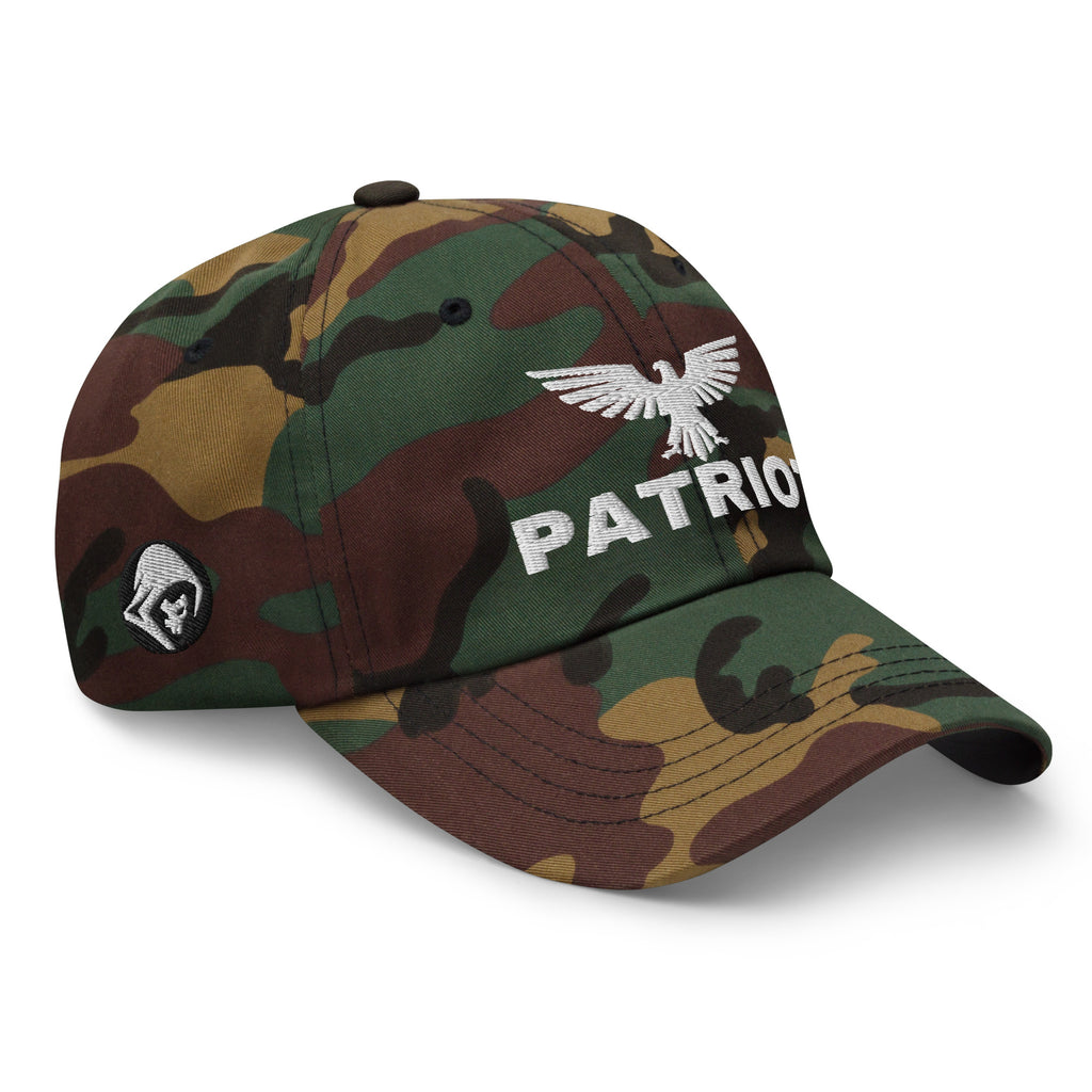 Green Camo dad hat with embroidered Patriot Eagle design, right front view