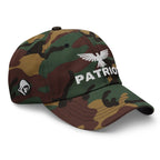 Green Camo dad hat with embroidered Patriot Eagle design, right front view