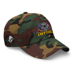 Green Camo low-profile dad hat with embroidered INFIDEL USA Flag Cobra design, right front view