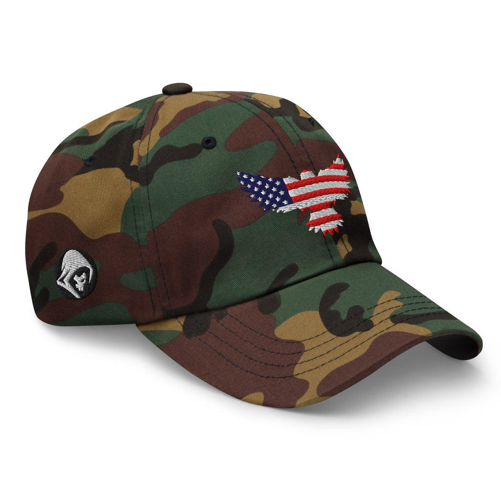 Green Camo low-profile dad hat with embroidered Old Glory Eagle design, right front view