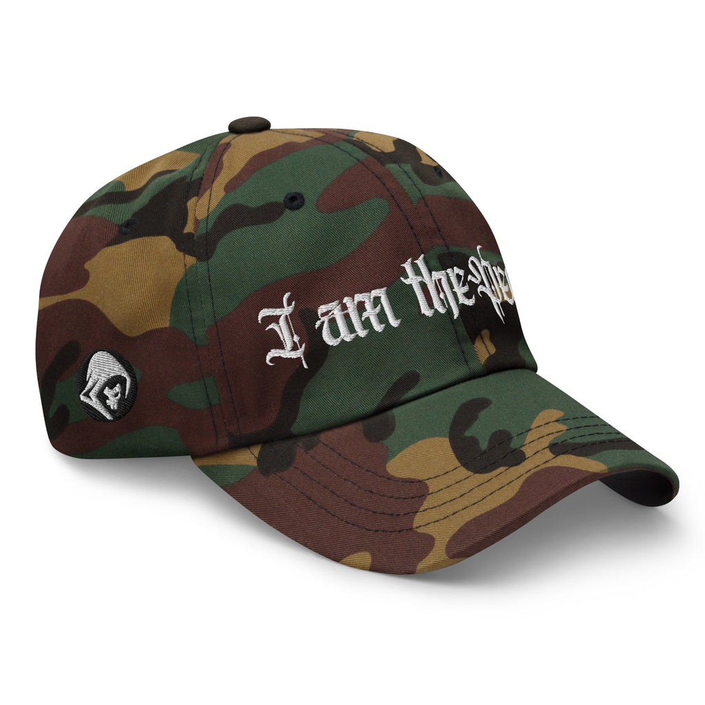 Green Camo low-profile dad hat with embroidered I Am the People design, right front view