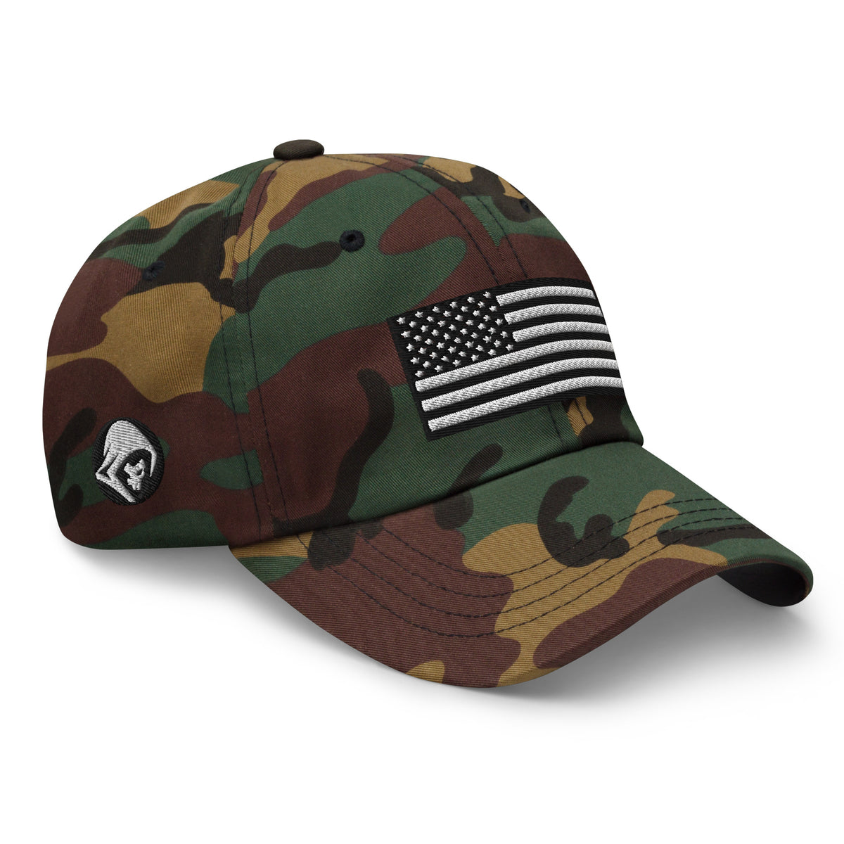 Green Camo dad hat, right front view with Black and White American Flag embroidery