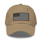 Khaki dad hat, front view with Black and White American Flag embroidery