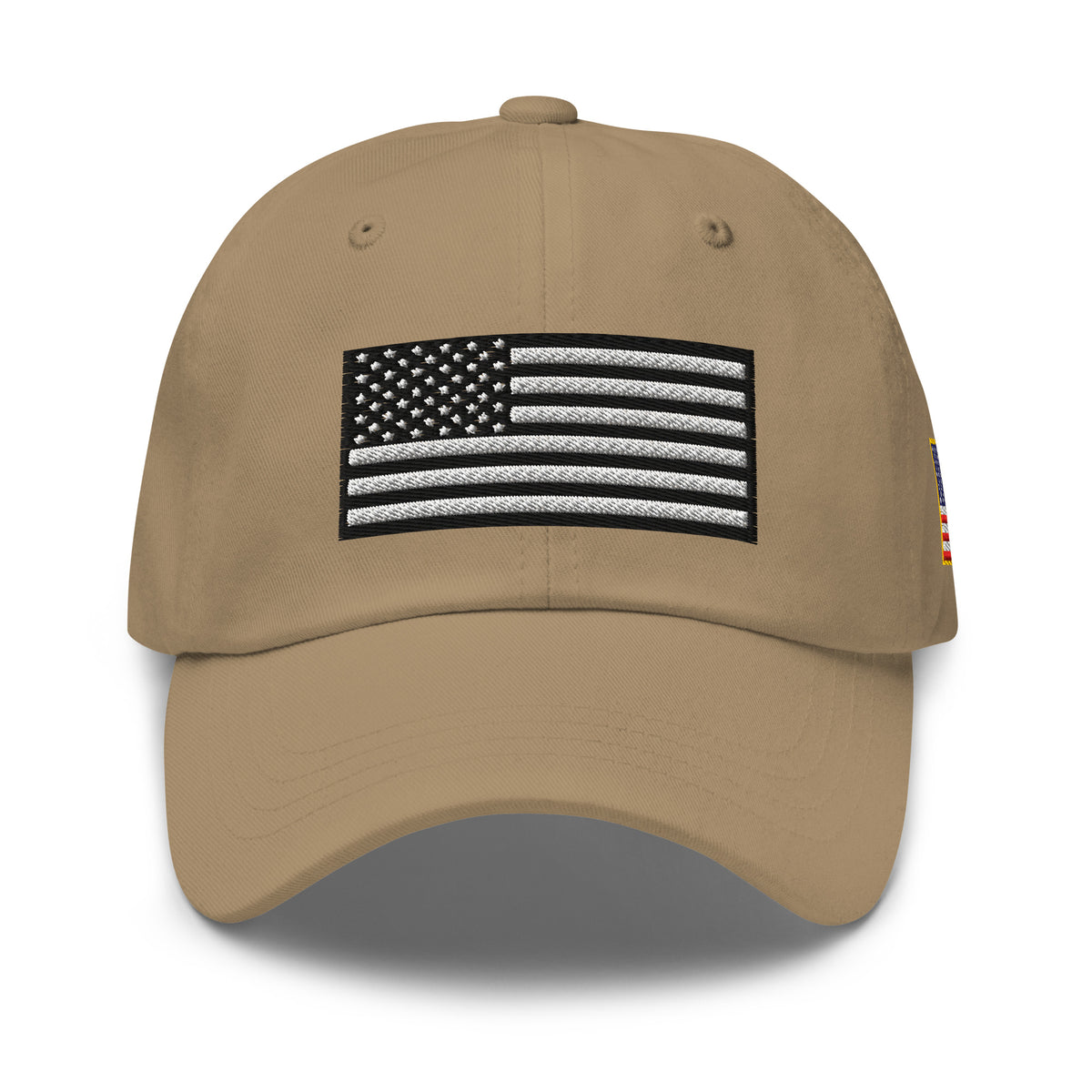 Khaki dad hat, front view with Black and White American Flag embroidery