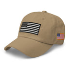 Khaki dad hat, left front view with Black and White American Flag embroidery