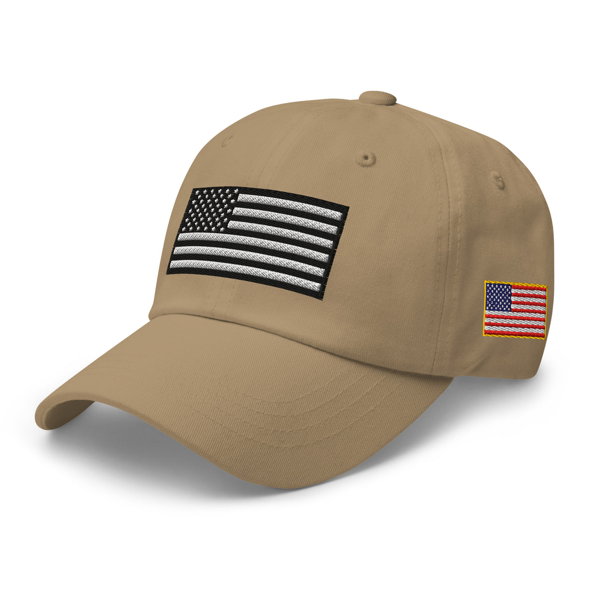 Khaki dad hat, left front view with Black and White American Flag embroidery