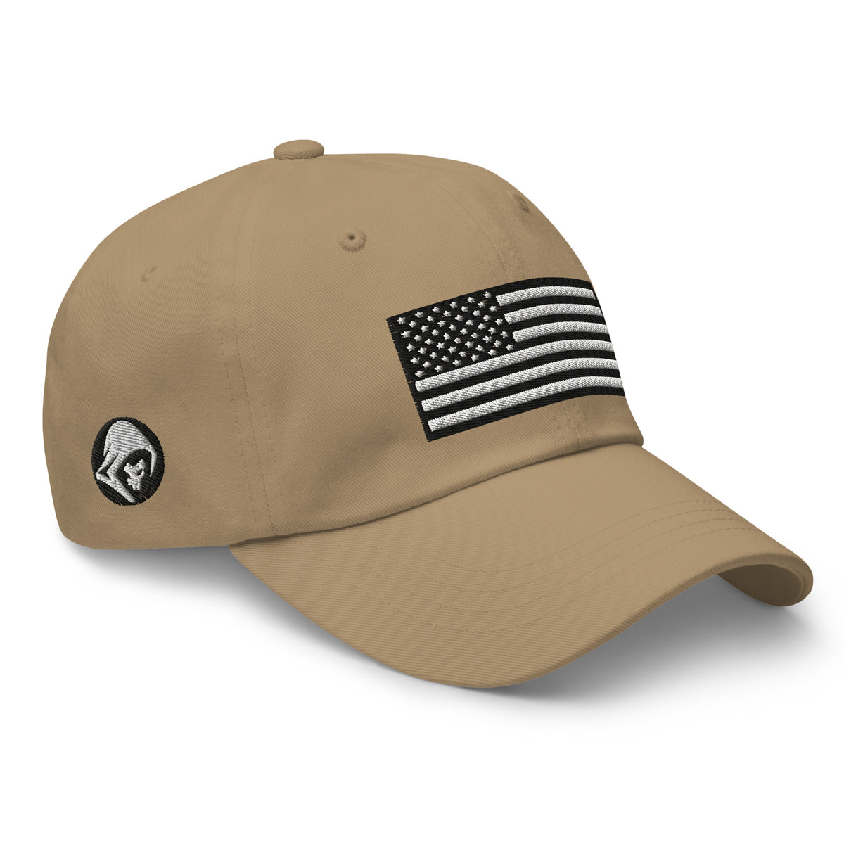 Khaki dad hat, right front view with Black and White American Flag embroidery