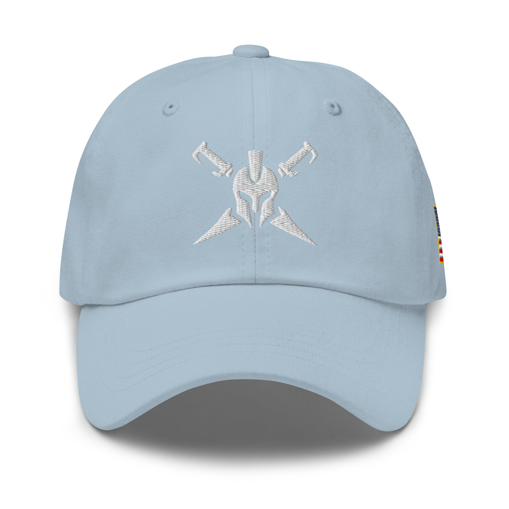 Light Blue, dad hat, with embroidered Call to Arms, front view