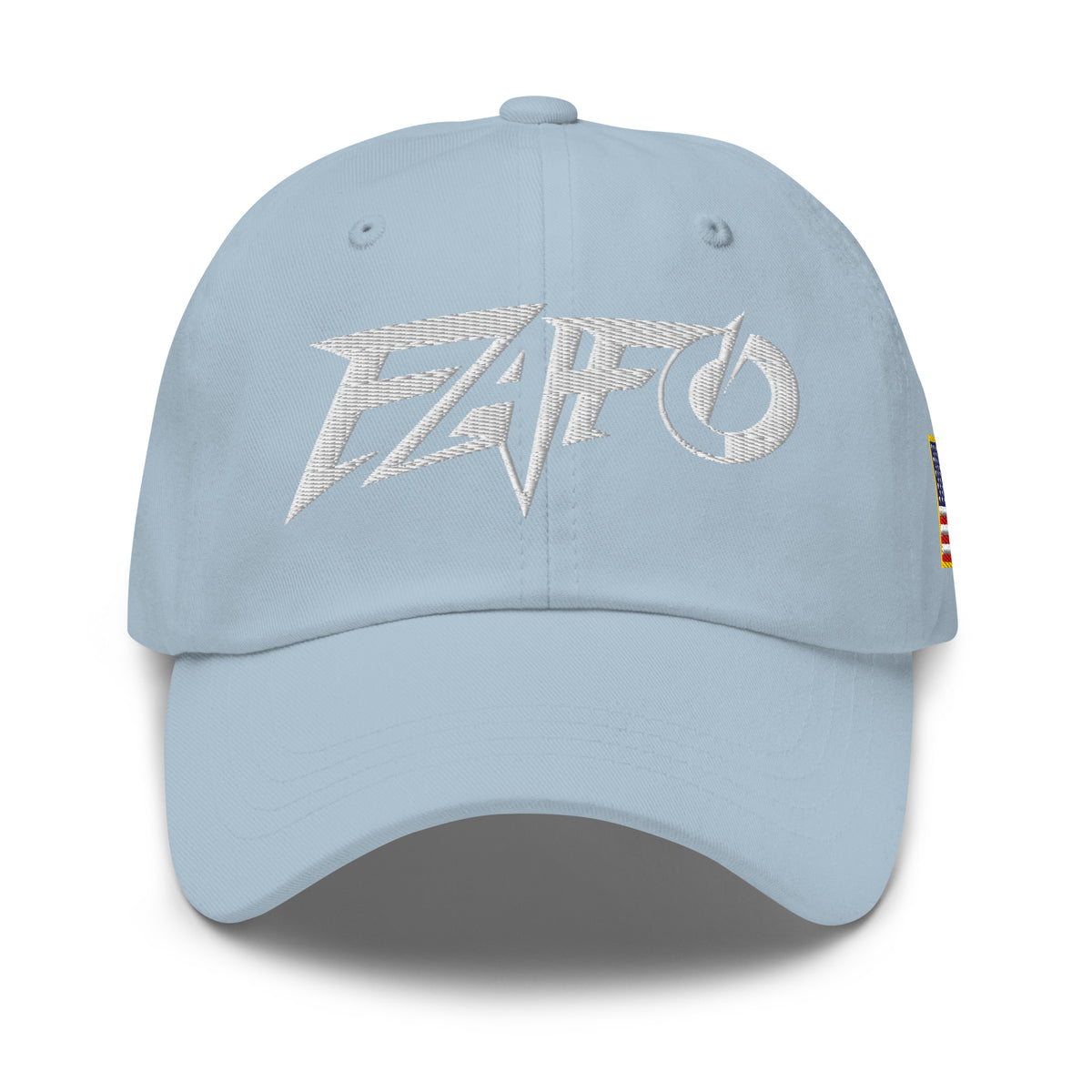 Light Blue dad hat with embroidered FAFO Power design, front view