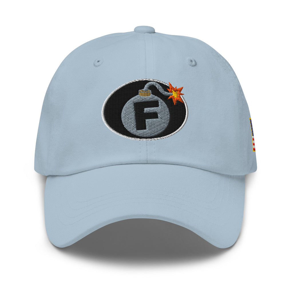 Light Blue low-profile dad hat with embroidered F-Bomb front design, front view