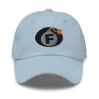Light Blue low-profile dad hat with embroidered F-Bomb front design, front view