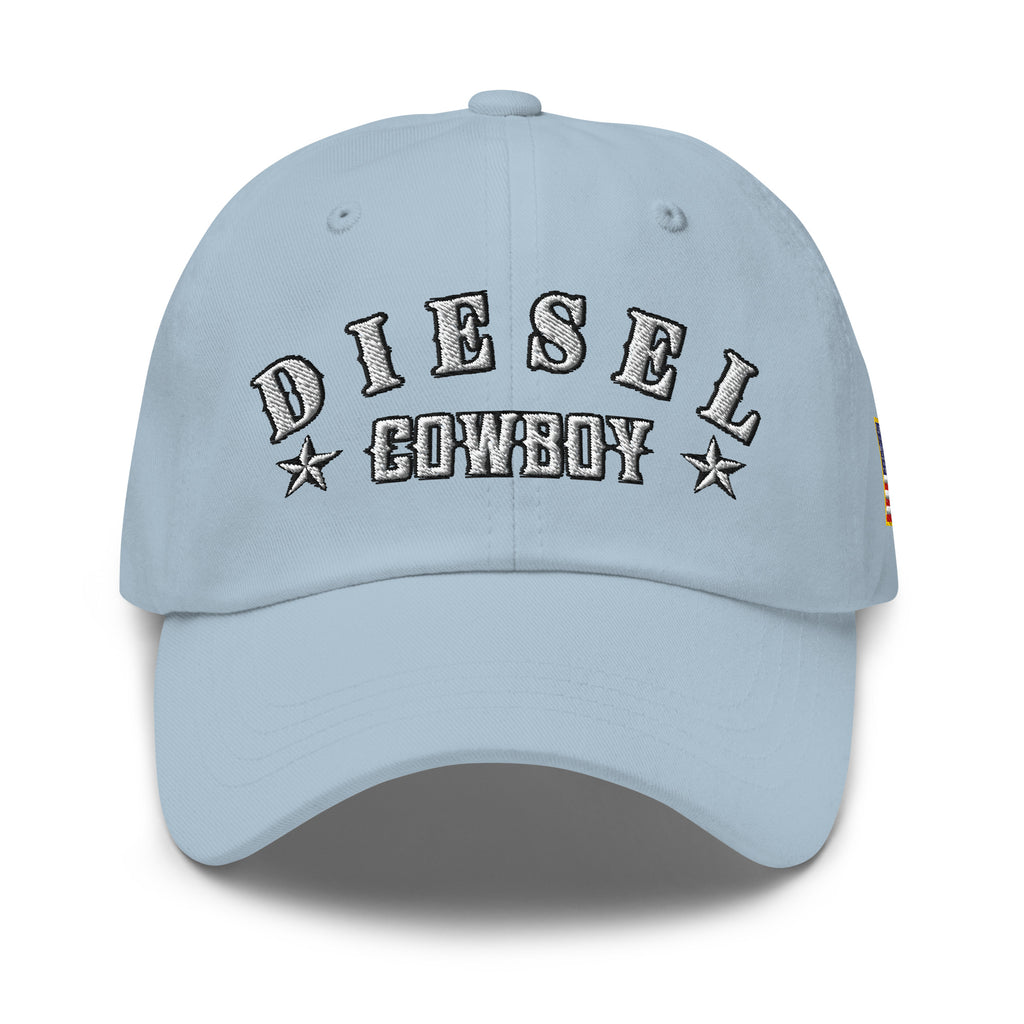 Light Blue low-profile dad hat with embroidered Diesel Cowboy front design, front view