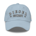 Light Blue low-profile dad hat with embroidered Diesel Cowboy front design, front view