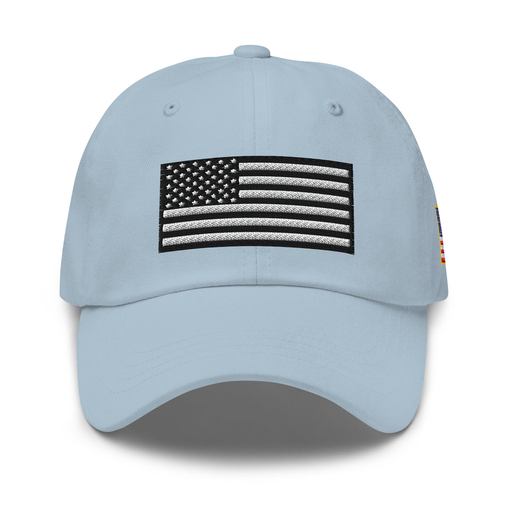 Light Blue dad hat, front view with Black and White American Flag embroidery